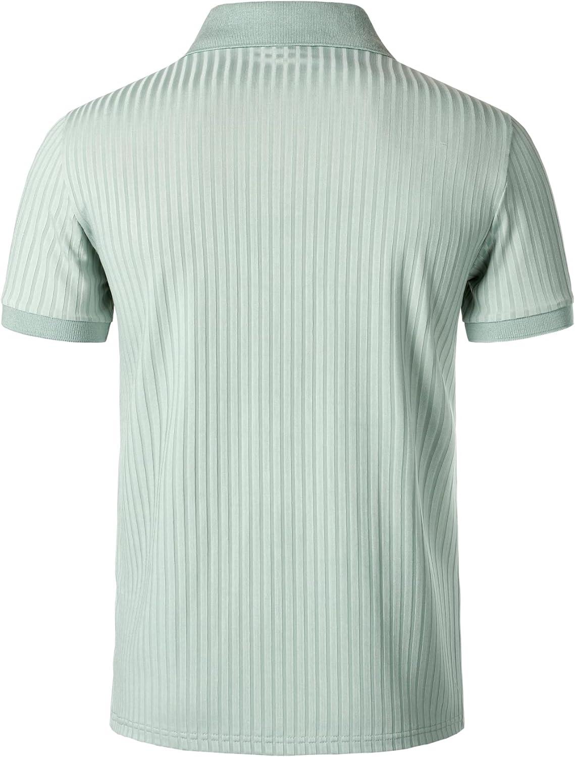 imageMens Stretch Knit Slim Fit Polo Shirts Casual Short Sleeve Ribbed Collar Muscle Golf ShirtLight Green