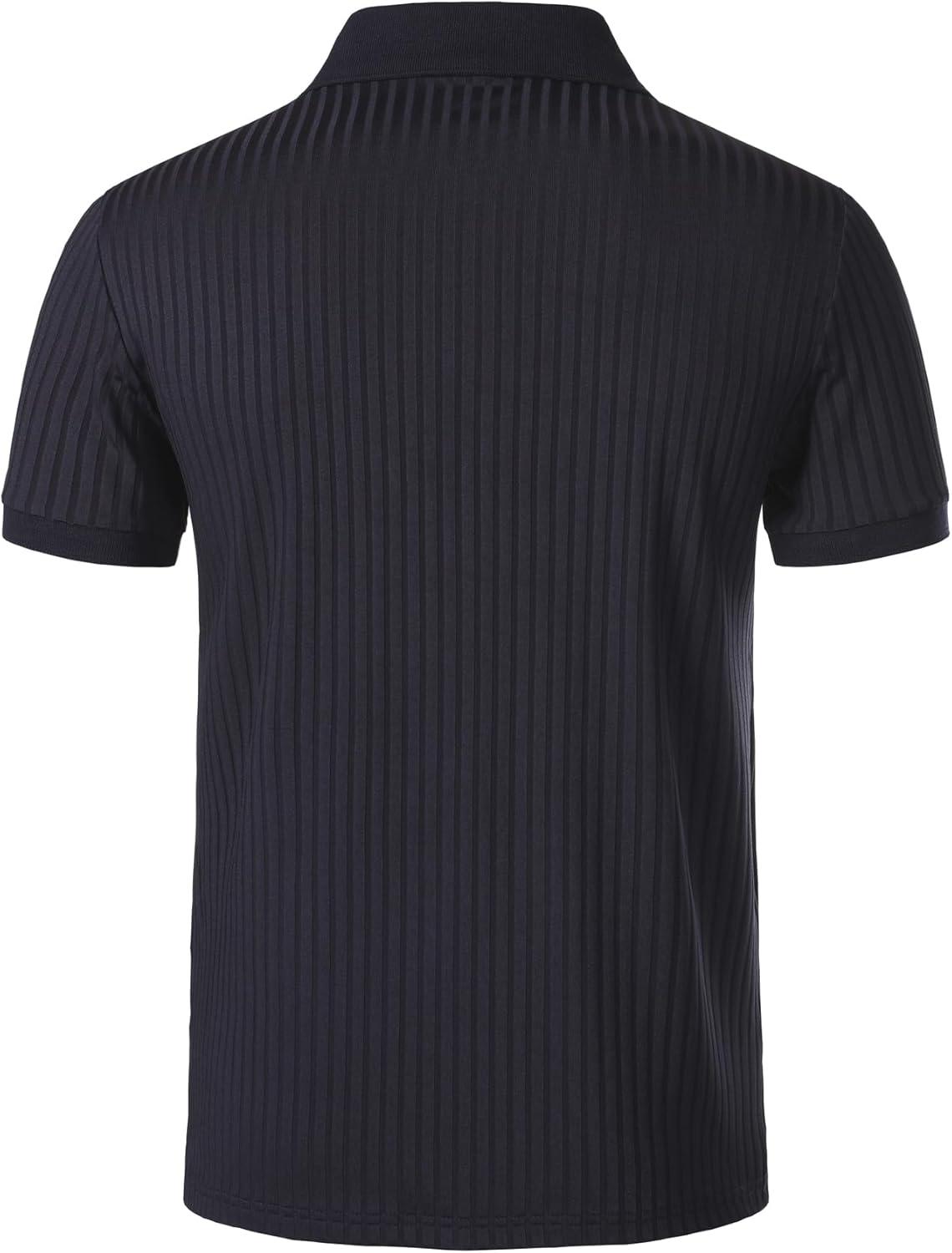 imageMens Stretch Knit Slim Fit Polo Shirts Casual Short Sleeve Ribbed Collar Muscle Golf ShirtNavy Blue