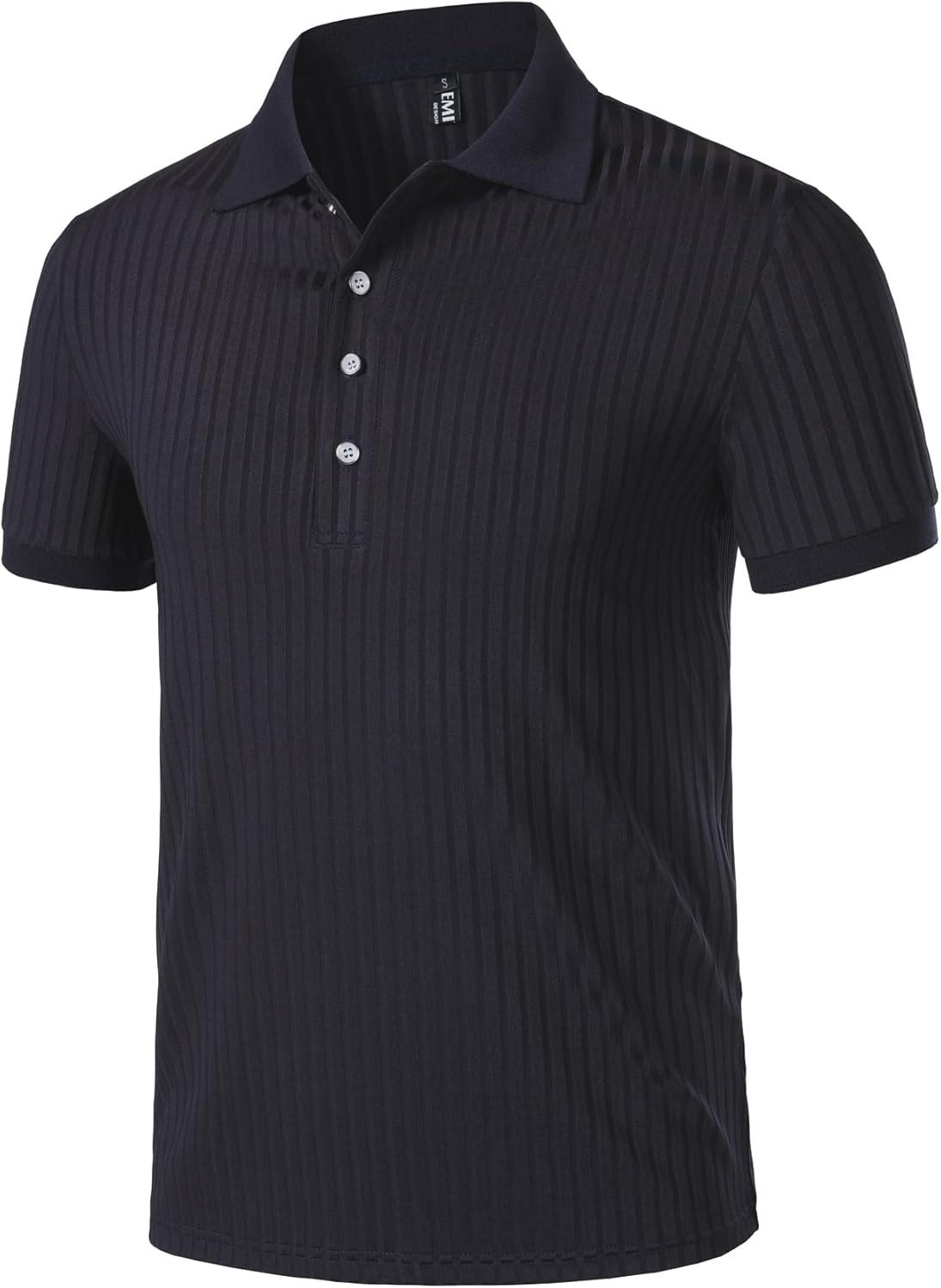 imageMens Stretch Knit Slim Fit Polo Shirts Casual Short Sleeve Ribbed Collar Muscle Golf ShirtNavy Blue
