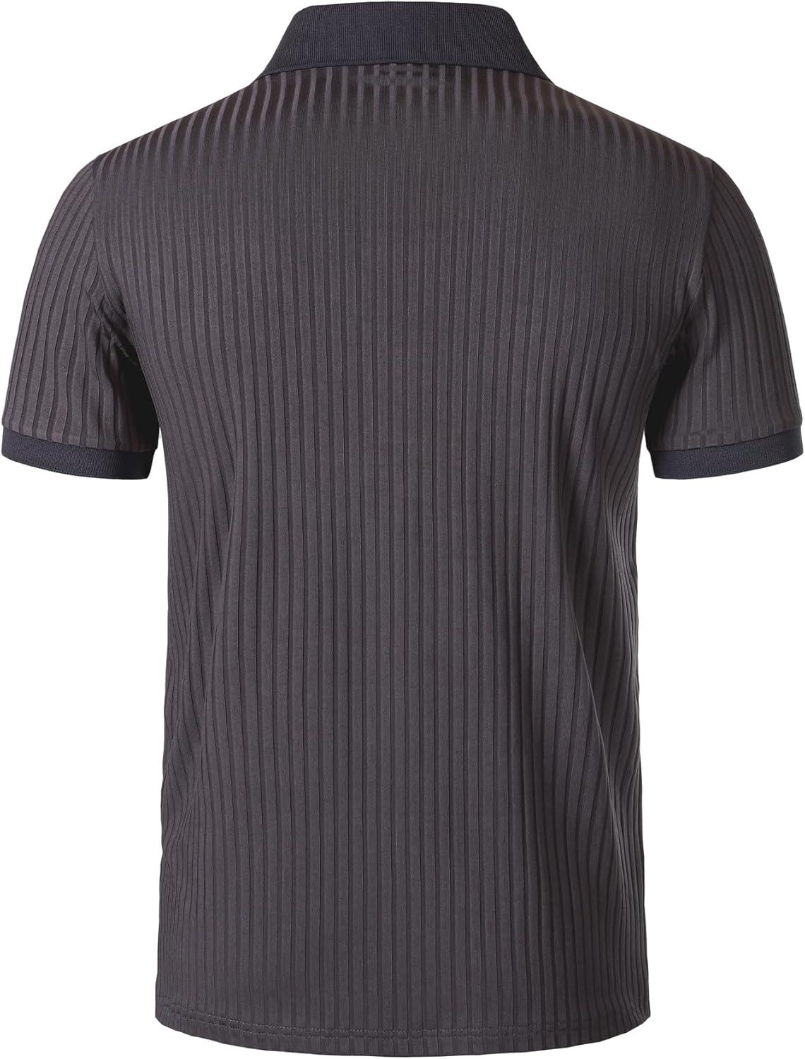 imageMens Stretch Knit Slim Fit Polo Shirts Casual Short Sleeve Ribbed Collar Muscle Golf ShirtPurple