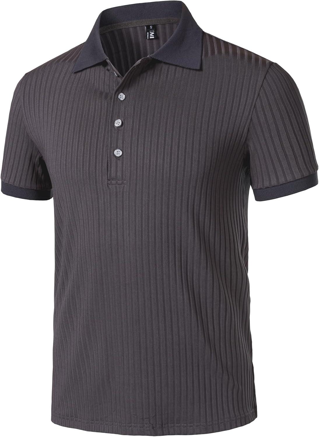 imageMens Stretch Knit Slim Fit Polo Shirts Casual Short Sleeve Ribbed Collar Muscle Golf ShirtPurple