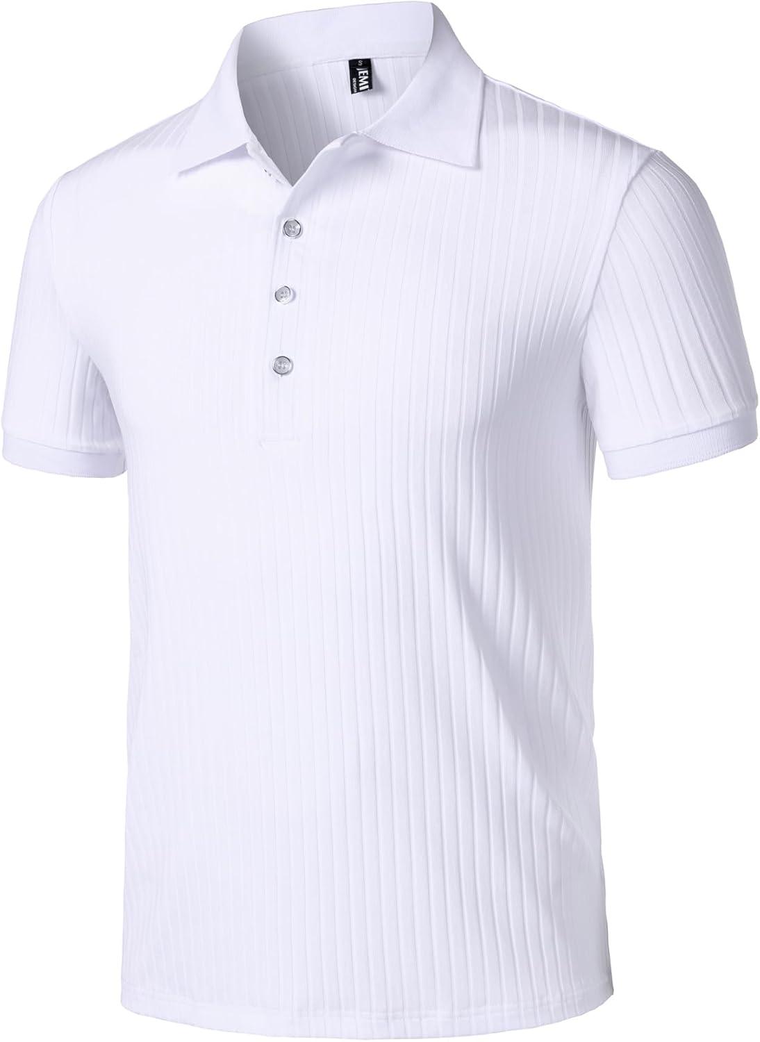 imageMens Stretch Knit Slim Fit Polo Shirts Casual Short Sleeve Ribbed Collar Muscle Golf ShirtWhite