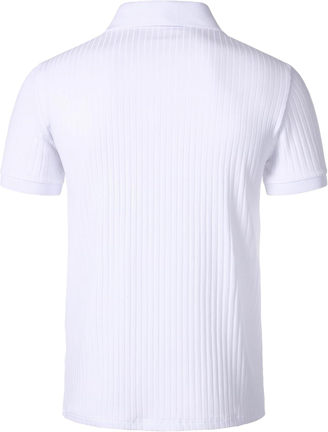 imageMens Stretch Knit Slim Fit Polo Shirts Casual Short Sleeve Ribbed Collar Muscle Golf ShirtWhite
