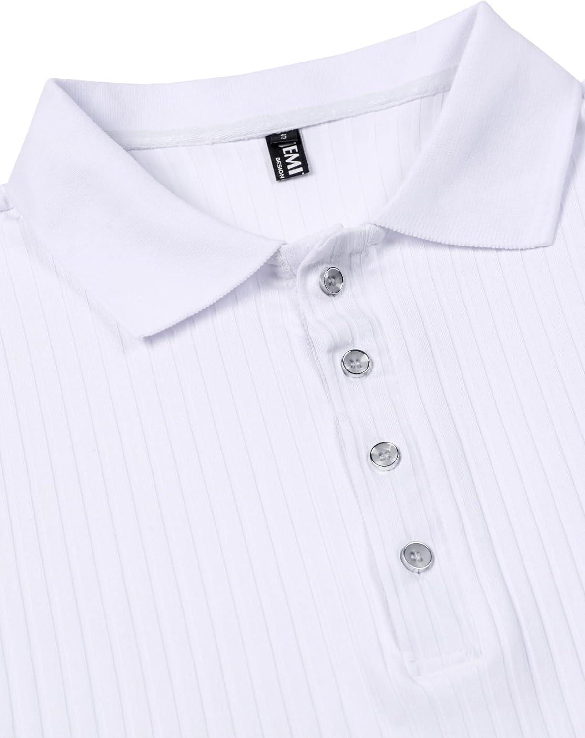 imageMens Stretch Knit Slim Fit Polo Shirts Casual Short Sleeve Ribbed Collar Muscle Golf ShirtWhite