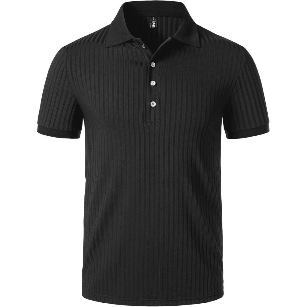 imageMens Stretch Knit Slim Fit Polo Shirts Casual Short Sleeve Ribbed Collar Muscle Golf ShirtBlack