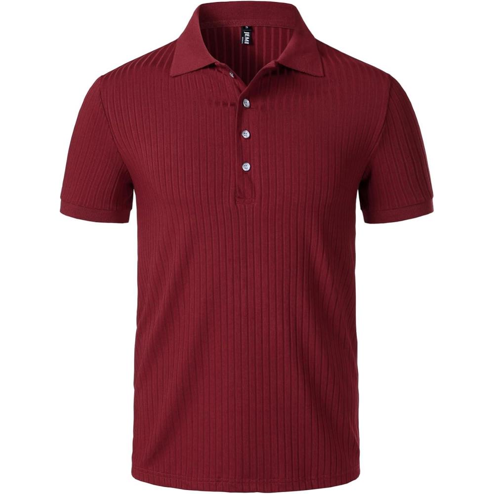 imageMens Stretch Knit Slim Fit Polo Shirts Casual Short Sleeve Ribbed Collar Muscle Golf ShirtBurgundy