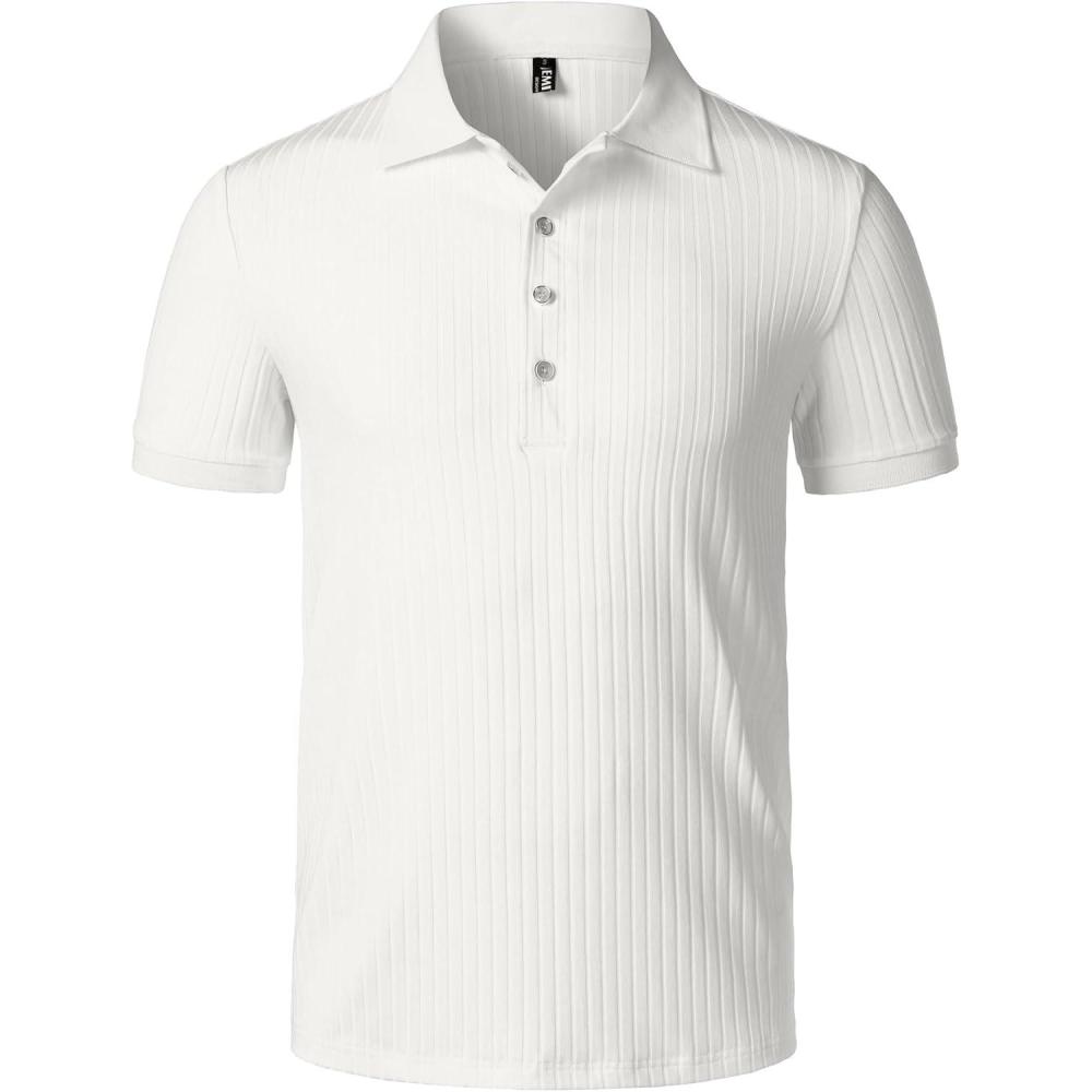 imageMens Stretch Knit Slim Fit Polo Shirts Casual Short Sleeve Ribbed Collar Muscle Golf ShirtCream White