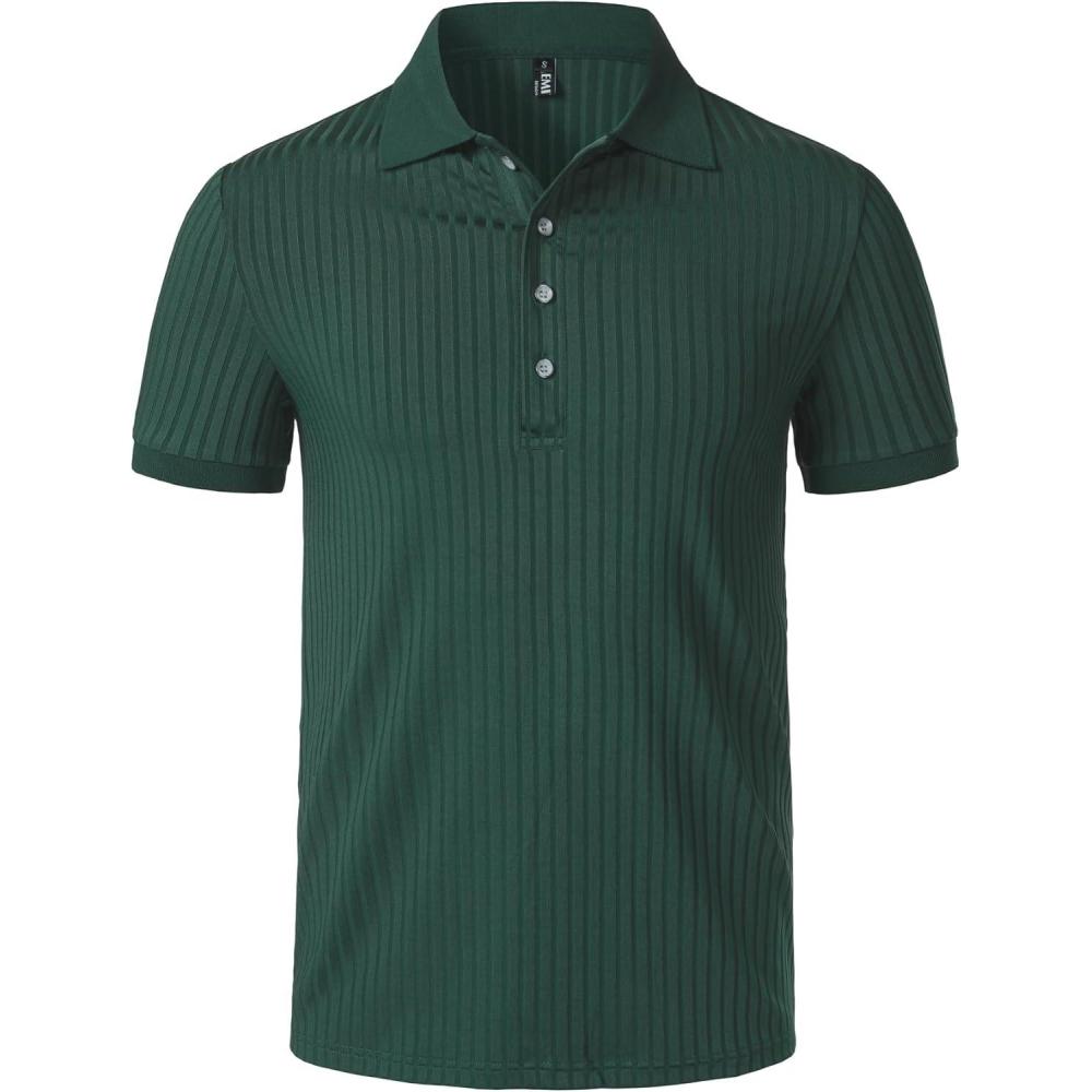 imageMens Stretch Knit Slim Fit Polo Shirts Casual Short Sleeve Ribbed Collar Muscle Golf ShirtDark Green