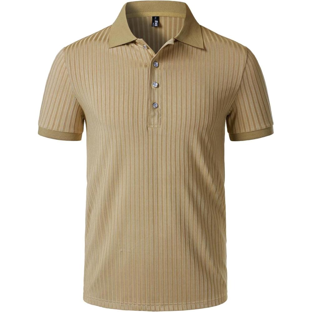 imageMens Stretch Knit Slim Fit Polo Shirts Casual Short Sleeve Ribbed Collar Muscle Golf ShirtKhaki