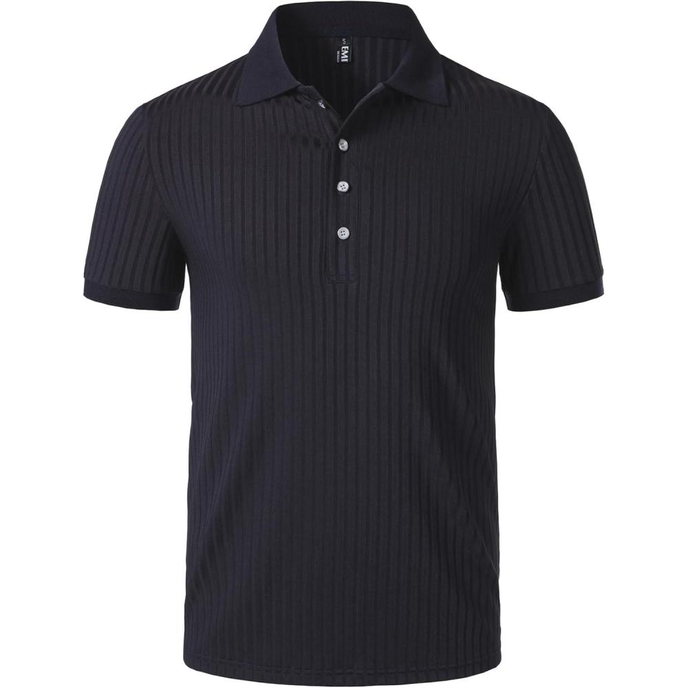 imageMens Stretch Knit Slim Fit Polo Shirts Casual Short Sleeve Ribbed Collar Muscle Golf ShirtNavy Blue