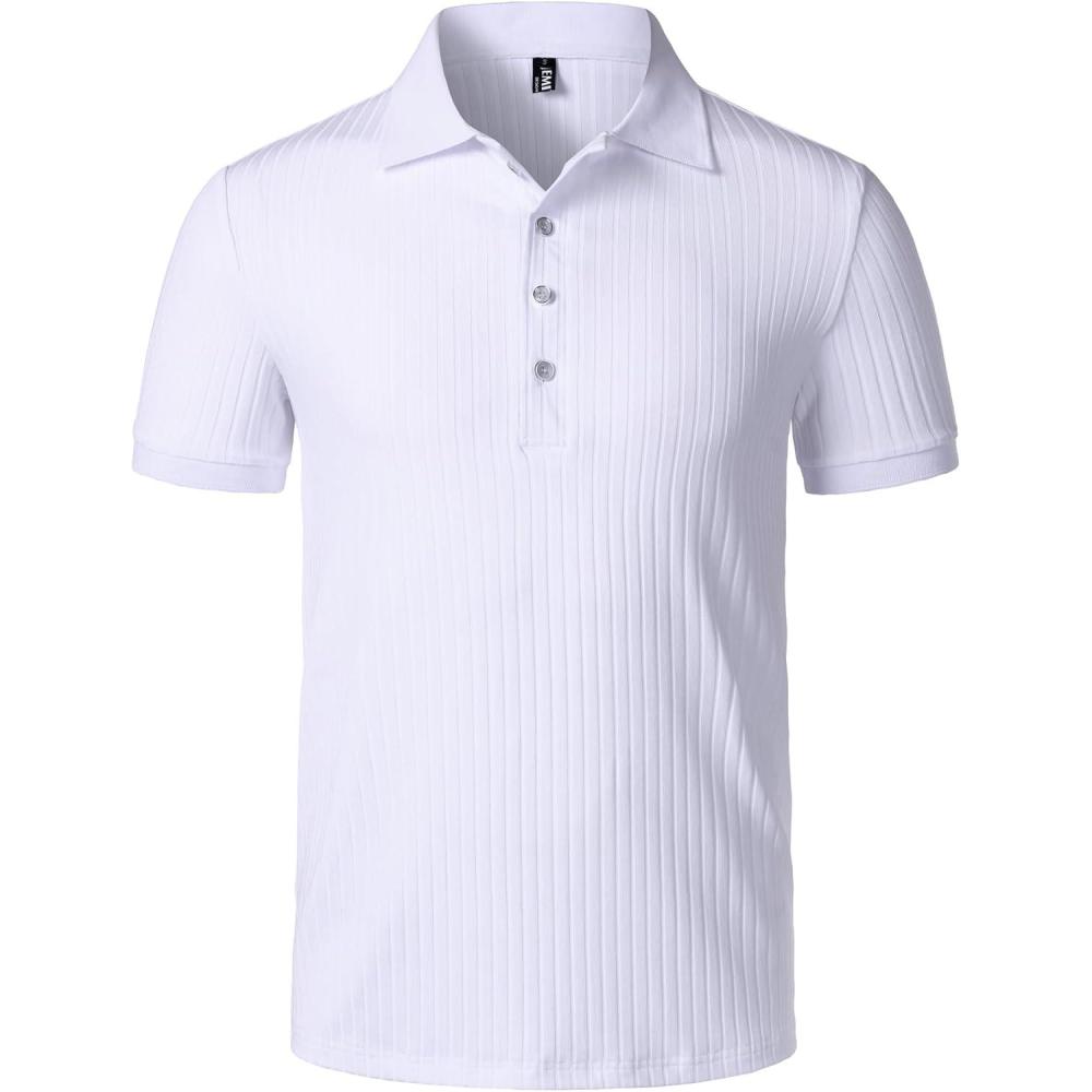 imageMens Stretch Knit Slim Fit Polo Shirts Casual Short Sleeve Ribbed Collar Muscle Golf ShirtWhite