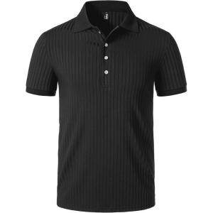 imageMens Stretch Knit Slim Fit Polo Shirts Casual Short Sleeve Ribbed Collar Muscle Golf ShirtBlack