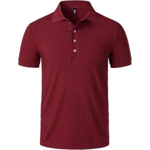 imageMens Stretch Knit Slim Fit Polo Shirts Casual Short Sleeve Ribbed Collar Muscle Golf ShirtBurgundy
