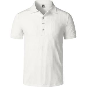 imageMens Stretch Knit Slim Fit Polo Shirts Casual Short Sleeve Ribbed Collar Muscle Golf ShirtCream White