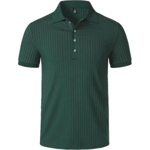 imageMens Stretch Knit Slim Fit Polo Shirts Casual Short Sleeve Ribbed Collar Muscle Golf ShirtDark Green