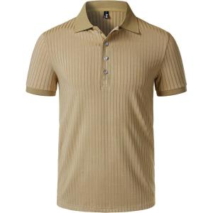 imageMens Stretch Knit Slim Fit Polo Shirts Casual Short Sleeve Ribbed Collar Muscle Golf ShirtKhaki