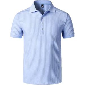 imageMens Stretch Knit Slim Fit Polo Shirts Casual Short Sleeve Ribbed Collar Muscle Golf ShirtLight Blue