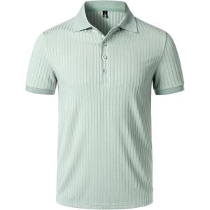 imageMens Stretch Knit Slim Fit Polo Shirts Casual Short Sleeve Ribbed Collar Muscle Golf ShirtLight Green