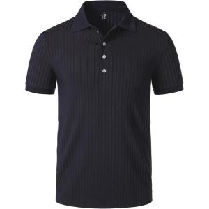 imageMens Stretch Knit Slim Fit Polo Shirts Casual Short Sleeve Ribbed Collar Muscle Golf ShirtNavy Blue