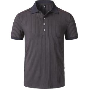 imageMens Stretch Knit Slim Fit Polo Shirts Casual Short Sleeve Ribbed Collar Muscle Golf ShirtPurple