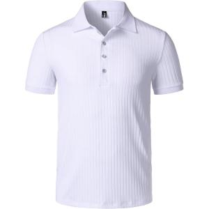 imageMens Stretch Knit Slim Fit Polo Shirts Casual Short Sleeve Ribbed Collar Muscle Golf ShirtWhite
