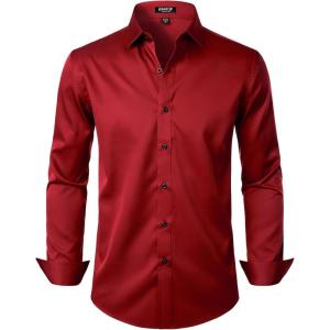imageMens Stretch Wrinkle Free Dress Shirts Formal Wedding Prom Long Sleeve Button Down ShirtRed