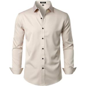 imageMens Stretch Wrinkle Free Dress Shirts Formal Wedding Prom Long Sleeve Button Down ShirtTan