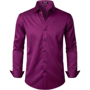 imageMens Stretch Wrinkle Free Dress Shirts Formal Wedding Prom Long Sleeve Button Down ShirtWine Red