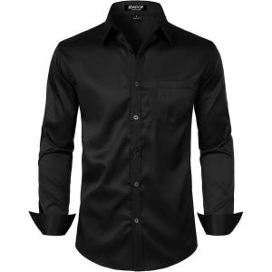 imageMens Stretch Slim Fit Dress Shirts Formal Wedding Prom Business Long Sleeve Button Down Shirt with PocketBlack