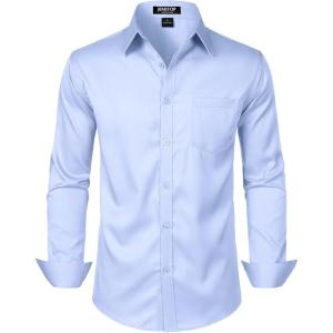 imageMens Stretch Slim Fit Dress Shirts Formal Wedding Prom Business Long Sleeve Button Down Shirt with PocketBlue