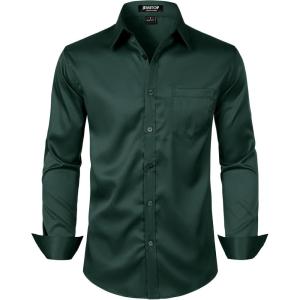 imageMens Stretch Slim Fit Dress Shirts Formal Wedding Prom Business Long Sleeve Button Down Shirt with PocketDark Green