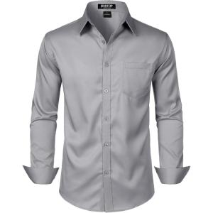 imageMens Stretch Slim Fit Dress Shirts Formal Wedding Prom Business Long Sleeve Button Down Shirt with PocketGrey