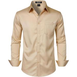 imageMens Stretch Slim Fit Dress Shirts Formal Wedding Prom Business Long Sleeve Button Down Shirt with PocketKhaki
