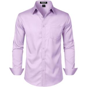 imageMens Stretch Slim Fit Dress Shirts Formal Wedding Prom Business Long Sleeve Button Down Shirt with PocketLavender Purple