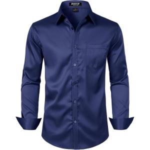 imageMens Stretch Slim Fit Dress Shirts Formal Wedding Prom Business Long Sleeve Button Down Shirt with PocketNavy Blue