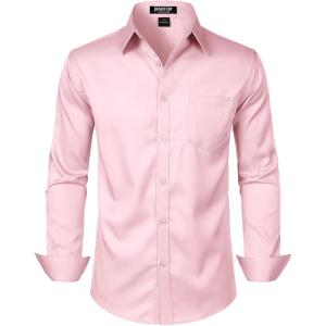 imageMens Stretch Slim Fit Dress Shirts Formal Wedding Prom Business Long Sleeve Button Down Shirt with PocketPink
