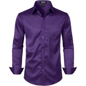 imageMens Stretch Slim Fit Dress Shirts Formal Wedding Prom Business Long Sleeve Button Down Shirt with PocketPurple