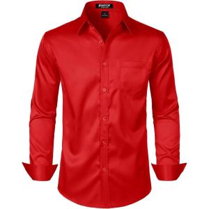 imageMens Stretch Slim Fit Dress Shirts Formal Wedding Prom Business Long Sleeve Button Down Shirt with PocketRed