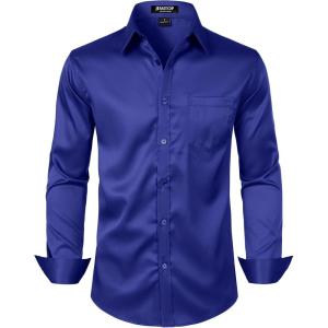 imageMens Stretch Slim Fit Dress Shirts Formal Wedding Prom Business Long Sleeve Button Down Shirt with PocketRoyal Blue