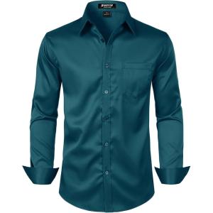 imageMens Stretch Slim Fit Dress Shirts Formal Wedding Prom Business Long Sleeve Button Down Shirt with PocketTeal