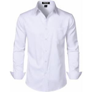 imageMens Stretch Slim Fit Dress Shirts Formal Wedding Prom Business Long Sleeve Button Down Shirt with PocketWhite