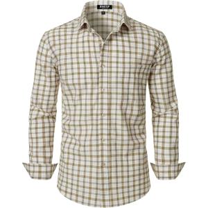 imageMens Transitional Weather Slim Fit Long Sleeve Button Down Shirt Business Casual Dress Shirts with PocketBeige Yellow Gingham