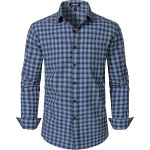imageMens Transitional Weather Slim Fit Long Sleeve Button Down Shirt Business Casual Dress Shirts with PocketBlue Black Gingham