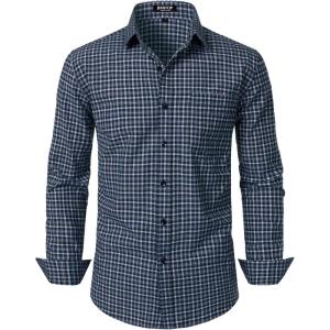 imageMens Transitional Weather Slim Fit Long Sleeve Button Down Shirt Business Casual Dress Shirts with PocketBlue White Gingham