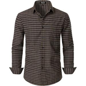 imageMens Transitional Weather Slim Fit Long Sleeve Button Down Shirt Business Casual Dress Shirts with PocketBrown Gingham
