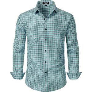 imageMens Transitional Weather Slim Fit Long Sleeve Button Down Shirt Business Casual Dress Shirts with PocketGreen Gingham