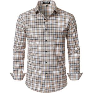 imageMens Transitional Weather Slim Fit Long Sleeve Button Down Shirt Business Casual Dress Shirts with PocketKhaki White Gingham