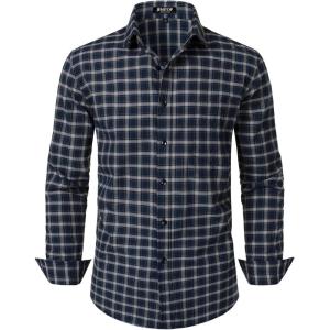 imageMens Transitional Weather Slim Fit Long Sleeve Button Down Shirt Business Casual Dress Shirts with PocketNavy Beige Gingham