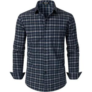 imageMens Transitional Weather Slim Fit Long Sleeve Button Down Shirt Business Casual Dress Shirts with PocketNavy White Gingham