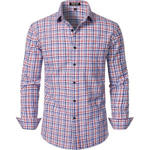 imageMens Transitional Weather Slim Fit Long Sleeve Button Down Shirt Business Casual Dress Shirts with PocketRed Blue Gingham